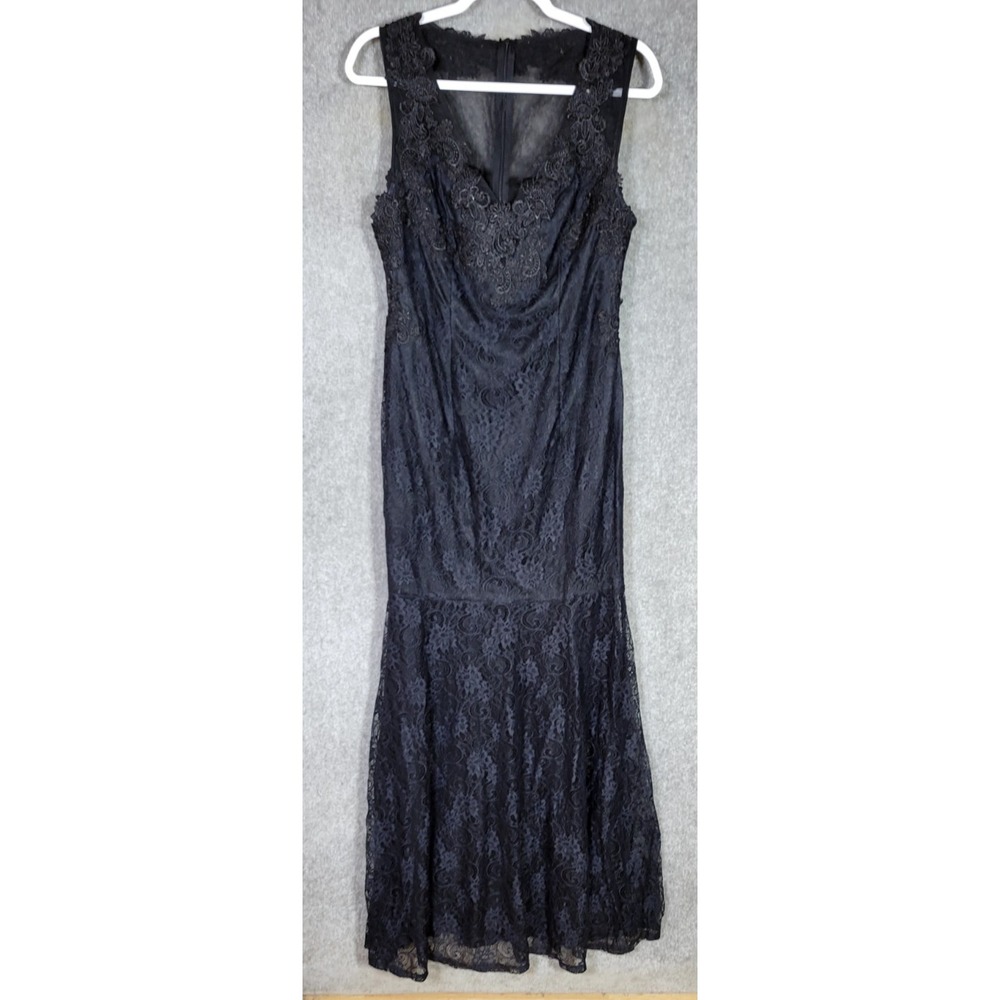 Kate Kasin Sheer Floral Lace Overlay Maxi Dress Womens Size 12 Black Prom Formal